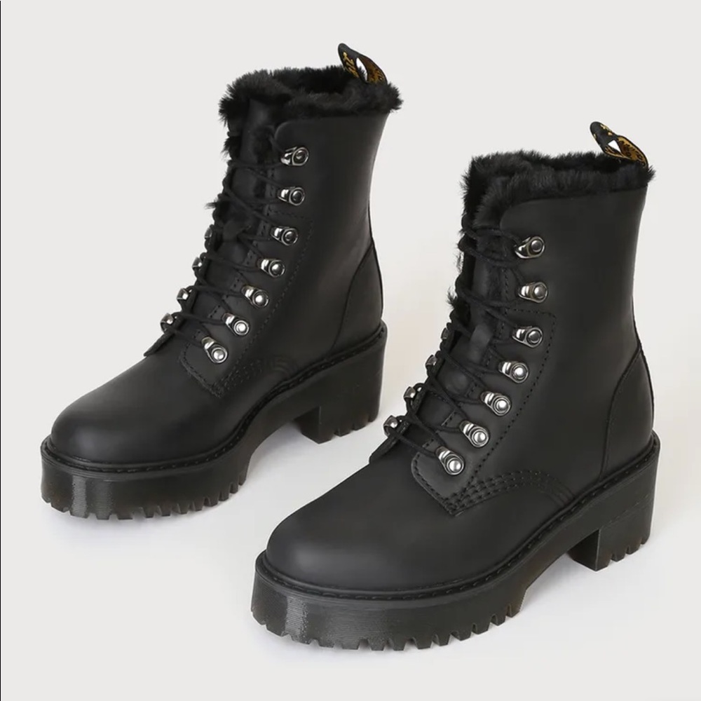 Dr. Marten Leona Black Faux Fur Moldova Leather Lace-Up Platform Boots
